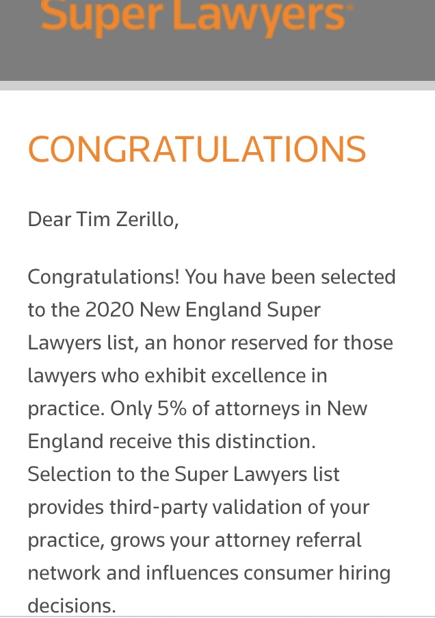 Tim Zerillo Selected To "New England Super Lawyers" For 10th Consecutive Year